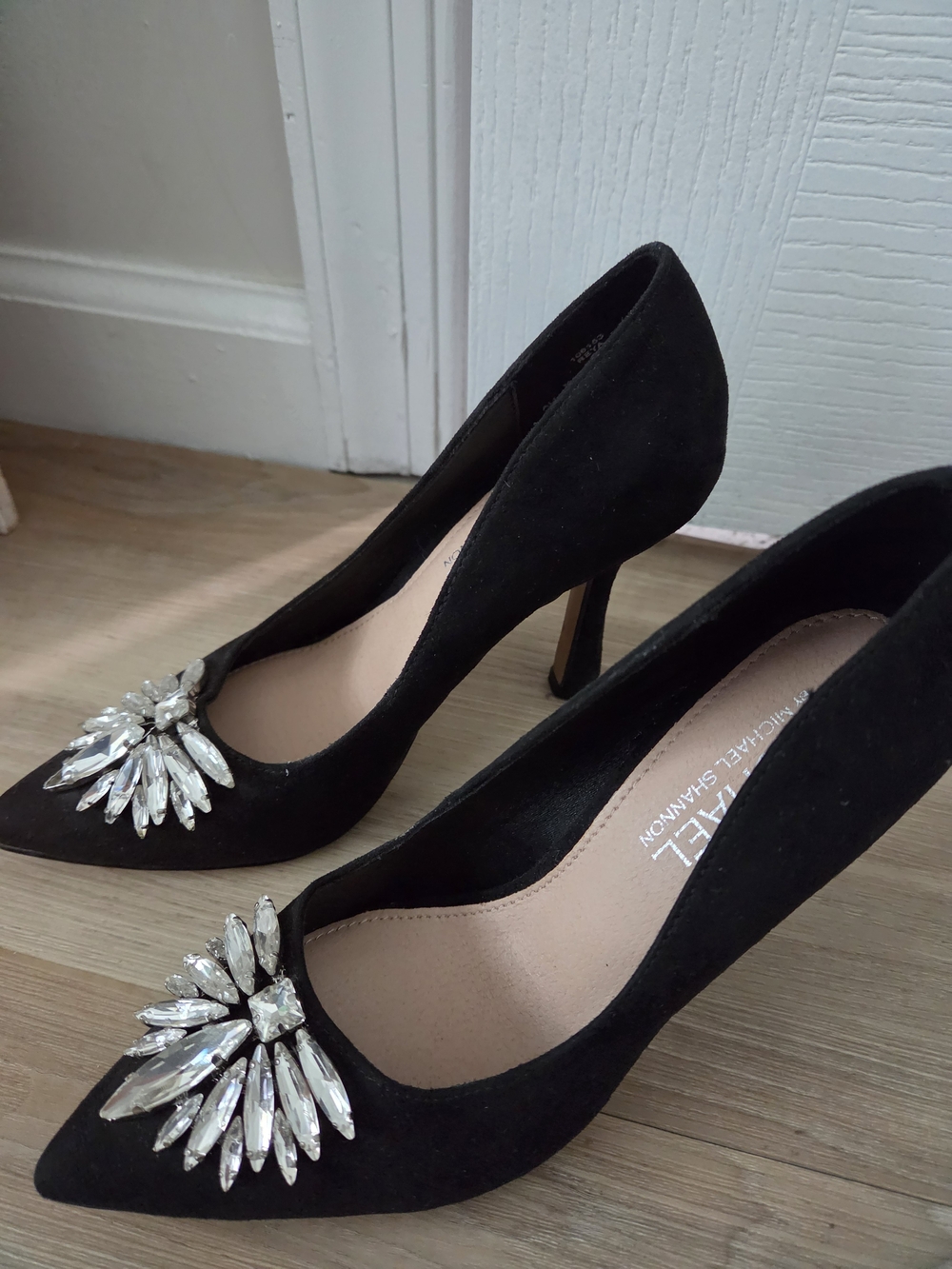 Michael Shannon Black Suede Pointed Toe Crystal-Accented Pumps